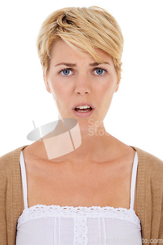 Image of Shocked woman, portrait and disappointed for news, unfair or failure on a white studio background. Face of female person, model or blonde and facial expression or emotion in concern, worry or trouble