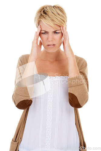 Image of Frustrated woman, headache and mistake in burnout, anxiety or mental health on a white studio background. Tired or fatigue young female person with migraine in stress or depression or breakdown