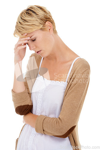 Image of Frustrated woman, headache and mistake in depression, burnout or anxiety on a white studio background. Face of tired or fatigue young female person with migraine in mental health, stress or breakdown