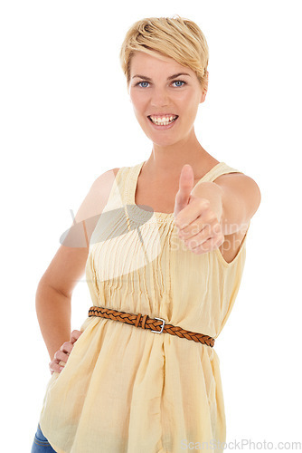 Image of Happy woman, portrait and thumbs up for good job, winning or success on a white studio background. Female person, model or blonde smile with like emoji, yes sign or OK for approval, fashion or style