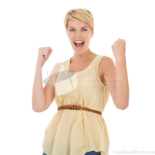 Image of Happy woman, portrait and fist pump in celebration for winning or good news on a white studio background. Young female person, model or blonde smile for achievement, promotion or deal on mockup space