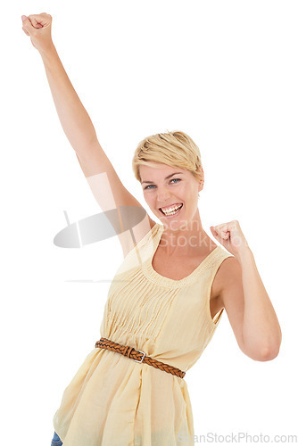 Image of Happy woman, portrait and fist pump for winning, good news or celebration on a white studio background. Young female person, model or blonde smile for achievement, promotion or deal on mockup space