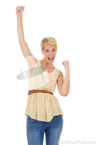 Image of Happy woman, portrait and fist pump for winning, promotion or good news on a white studio background. Young female person, model or blonde smile for achievement, celebration or deal on mockup space