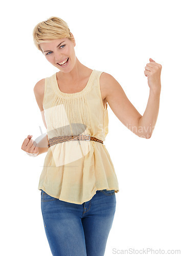 Image of Happy woman, fist pump and celebration in winning, promotion or good news on a white studio background. Young female person, model or blonde smile for achievement, success or deal on mockup space