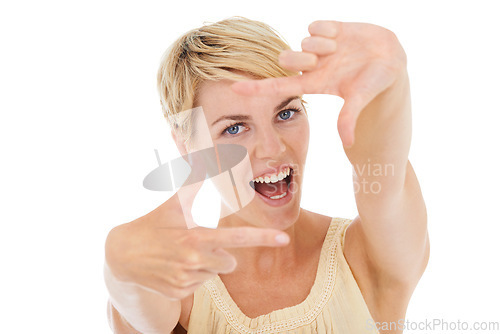 Image of Happy woman, portrait and hands framing face for photography on a white studio background. Young female person or model smile and posing in frame for photo, picture or capture moment on mockup space