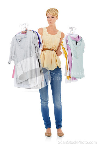 Image of Woman, fashion and thinking for choice of clothing in decision or selection on a white studio background. Female person, model or blonde in wonder or picking garment or outfit for style on mockup