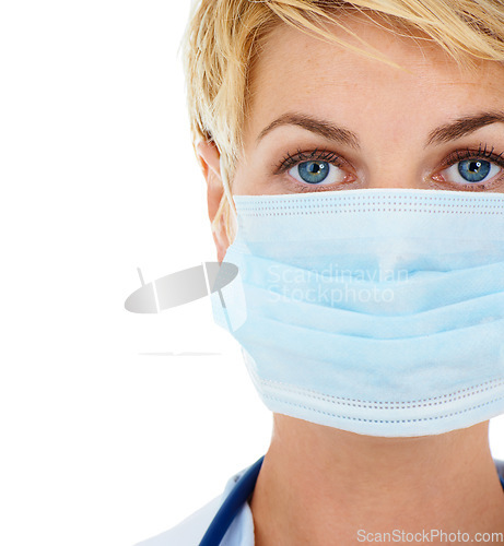 Image of Woman, doctor and mask for protection from virus in studio, medicare and compliance by white background. Medical professional, healthcare and pandemic or safety ppe for disease and bacteria or flu