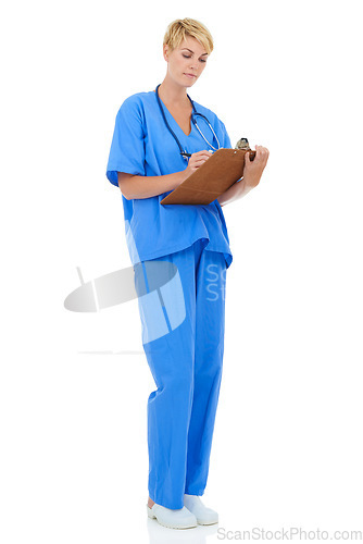 Image of Doctor, nurse and writing with documents in studio for medical checklist, assessment and consultation. Professional or healthcare woman with notes, clipboard or clinic services on a white background
