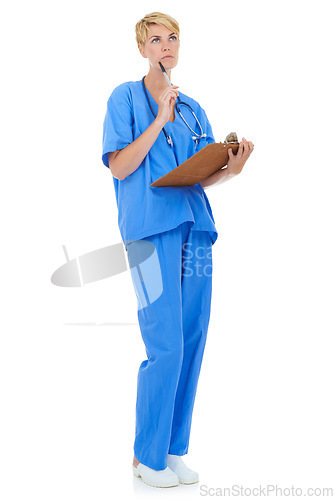 Image of Woman, nurse thinking and documents in studio for medical research, assessment or clinic checklist. healthcare worker or doctor with service solution, clipboard and paperwork on a white background