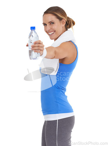 Image of Woman, fitness portrait and water bottle in studio for health, wellness and training on a white background. Happy person or sports model giving liquid for gym energy, workout and exercise challenge