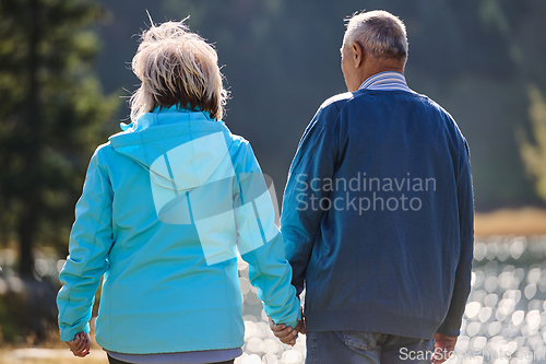 Image of Elderly couple strolling through the breathtaking beauty of nature, maintaining their vitality and serenity, embracing the joys of a health-conscious and harmonious lifestyle