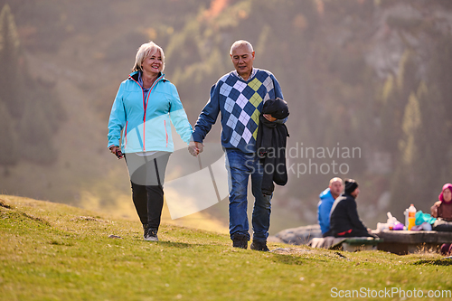 Image of Elderly couple strolling through the breathtaking beauty of nature, maintaining their vitality and serenity, embracing the joys of a health-conscious and harmonious lifestyle