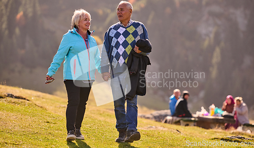 Image of Elderly couple strolling through the breathtaking beauty of nature, maintaining their vitality and serenity, embracing the joys of a health-conscious and harmonious lifestyle