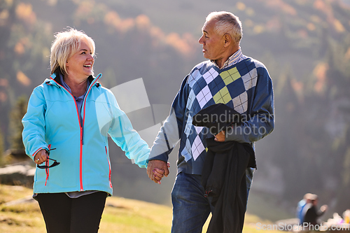 Image of Elderly couple strolling through the breathtaking beauty of nature, maintaining their vitality and serenity, embracing the joys of a health-conscious and harmonious lifestyle