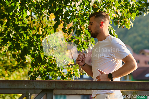 Image of A handsome man maintains his healthy lifestyle as he runs along beautiful natural trails, embodying the essence of fitness, wellness, and vitality in the midst of scenic outdoor surroundings.