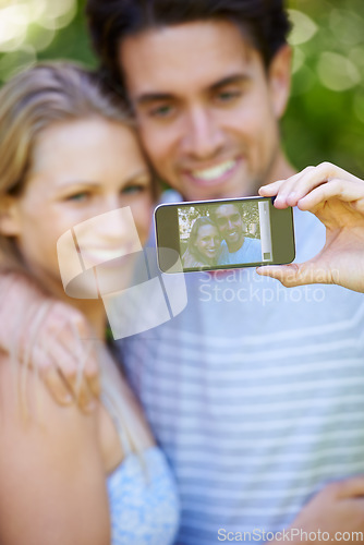 Image of Selfie, photography or happy couple on social media in nature to relax together on holiday vacation. Smile, woman or man in picture or photo for bonding with love, support or hug on an online post