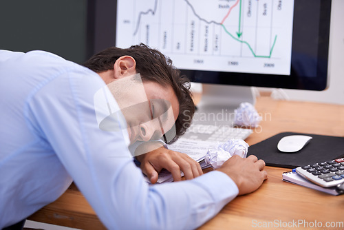 Image of Business man, sleeping and accountant or tired at desk, professional and dream in workplace. Businessperson, nap and exhausted in office or rest, computer screen and stress for stock market or lazy
