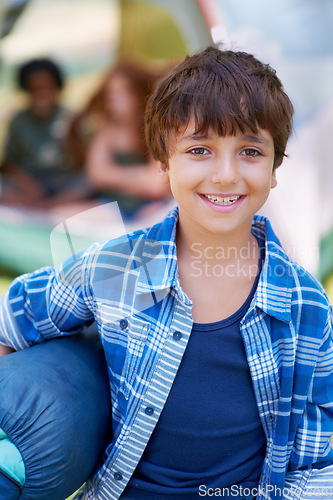 Image of Sleeping bag, camping or portrait of happy boy in woods on adventure or holiday vacation in nature. Relax, start or kid with smile in park, garden or forest ready for fun hiking, travel or wellness