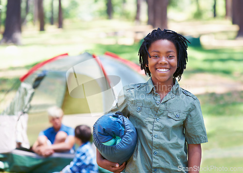 Image of Sleeping bag, camping or portrait of African kid in woods on adventure or holiday vacation in nature. Happy, start or boy smile in forest, garden or park ready for outdoor fun, travel or wellness