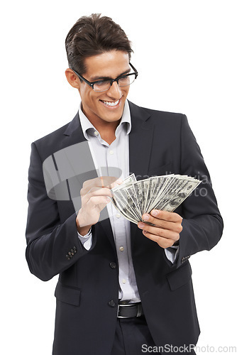 Image of Business man, money fan and investment with smile, reward or salary bonus with financial advisor for savings on white background. Accounting, corporate investor and cash in studio for finance