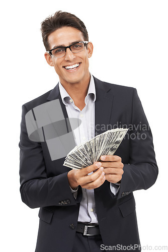 Image of Business man, cash fan and investment in portrait, reward or salary bonus with financial advisor for savings on white background. Accounting, corporate investor and money in studio for finance