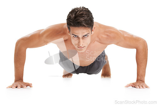 Image of Man, portrait and push up or fitness in studio, core and cardio workout for muscle development. Male person, athlete and face by white background, bodybuilding and performance challenge or exercise