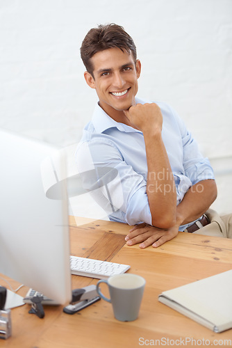 Image of Happy man, computer or portrait with confidence at office with pride for career ambition or opportunity. Smile, business person or male employee with hand on chin at workplace, desk or table for job