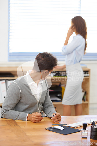 Image of Sexual harassment, manager looking or woman with body in office working with coworker. Watch, lust problem or employee with a toxic predator or unprofessional male colleague or pervert spying at job