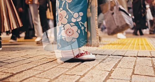 Image of Japanese woman, feet and city in kimono in sandals, spiritual journey and wellness in heritage by outdoor. Person, waiting or traditional clothes in tokyo on holiday or indigenous fashion in respect