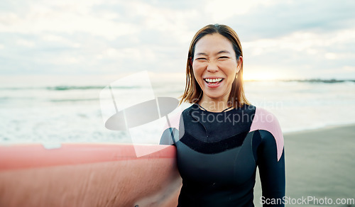 Image of Woman, portrait and laughing for surfing at beach, sea and ocean on summer holiday, travel adventure or fun. Happy Japanese surfer with board for water sports, freedom or excited on tropical vacation
