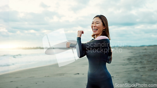 Image of Surfing, beach and woman with stretching, fitness and vacation with getaway trip, workout and training. Person, Japan and funny with ocean, waves and exercise with warm up, adventure and wellness