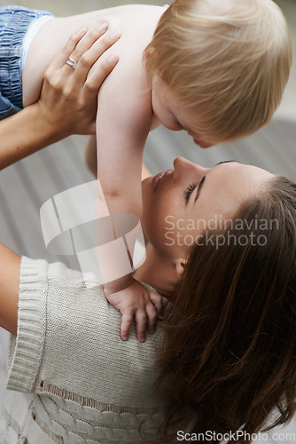 Image of Baby, woman and playing outdoor for development with nurture, relationship and bonding for happiness. Family, child or toddler and mother with early childhood, parenting and love at park in nature