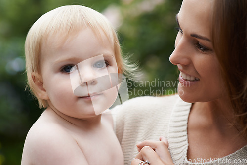 Image of Outdoor, mom and portrait with baby, love and support in garden or backyard. Infant, bonding and relax with mother in nature together and holding kid with care in hug or embrace in environment