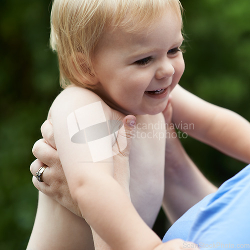 Image of Baby, mom and playing outdoor for development with nurture, relationship and bonding for happiness. Family, child or toddler and hands with early childhood, parenting and love at park in nature