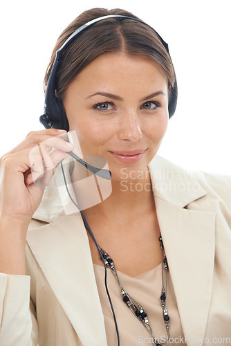 Image of Business woman, portrait and headphones in call center for telemarketing or customer service on a white studio background. Face of female person or consultant agent smile with headset for online help