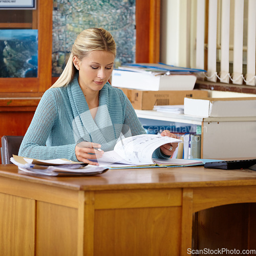 Image of Teacher woman, marking and book in classroom for test, results or administration for education at school. Person, documents and paperwork for assessment, learning and development at desk in academy