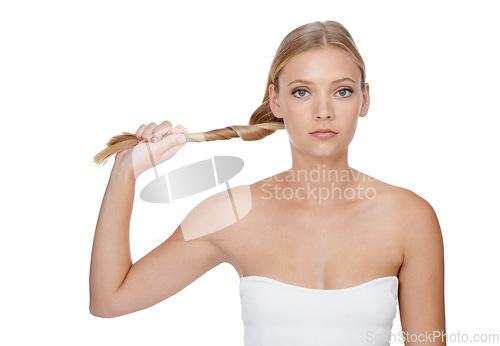 Image of Woman, portrait and cosmetics with hair care in studio for beauty, keratin treatment and shampoo shine. Model, person and mock up space for skincare, collagen texture or hairstyle on white background