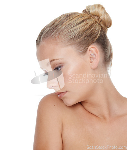 Image of Woman, thinking and beauty with skincare in studio for glowing face, wellness and dermatology on mock up. Model, person or confidence with cosmetics, collagen or keratin treatment on white background
