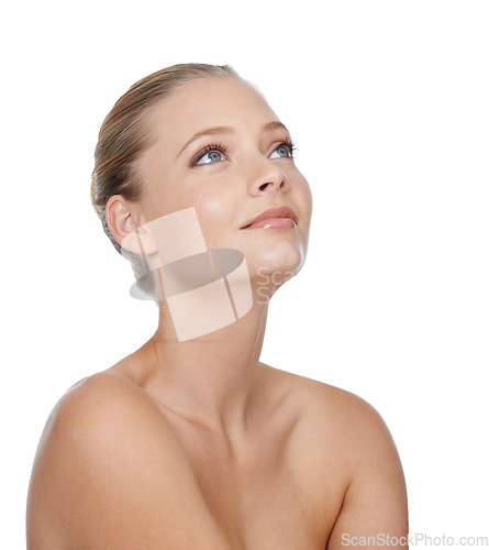 Image of Woman, thinking and beauty with skincare in studio for glowing face, wellness and dermatology on mock up. Model, person or confidence with cosmetics, collagen and botox treatment on white background