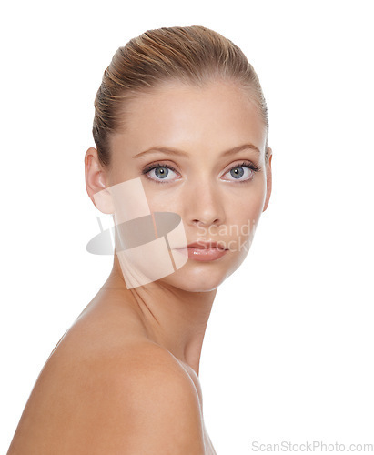 Image of Woman, portrait and beauty with skincare in studio for glowing face, wellness and dermatology or serious. Model, person or confidence with cosmetics, collagen or botox treatment on white background