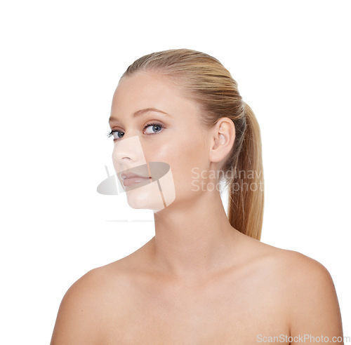 Image of Woman, portrait and beauty with cosmetics in studio for glowing face, wellness and dermatology on mock up. Model, person or confidence with skincare, collagen or keratin treatment on white background