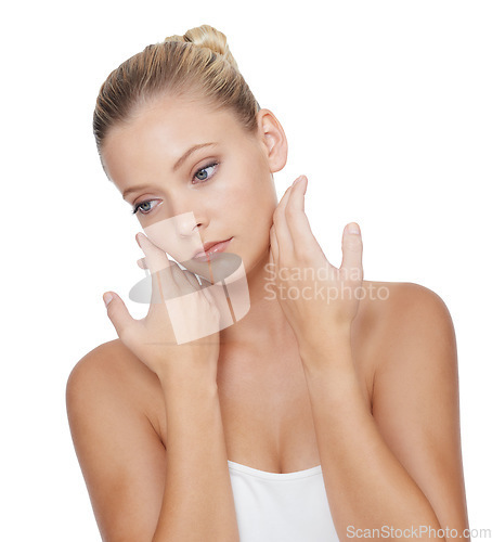 Image of Woman, thinking and beauty with skincare in studio for glowing face, wellness and dermatology on mock up. Model, person or confidence with cosmetics, collagen or botox treatment on white background