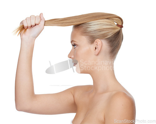 Image of Beauty, woman and cosmetics in studio for hair care with keratin treatment, shampoo shine and mock up. Model, person and soft hairstyle, texture and cosmetology at hairdresser on white background