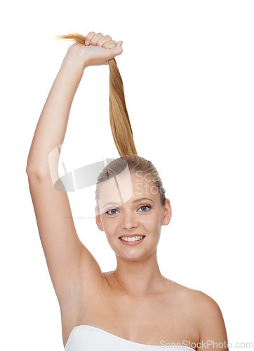 Image of Woman, portrait and beauty with hair care in studio for cosmetics, keratin treatment and shampoo shine. Model, person and confidence with skincare, collagen texture and hairstyle on white background