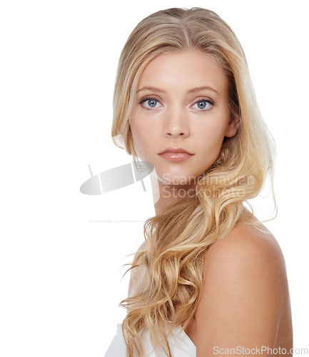 Image of Woman, portrait and beauty with cosmetics in studio for glowing face, wellness and dermatology on mock up. Model, person or confidence with skincare, collagen or keratin treatment on white background