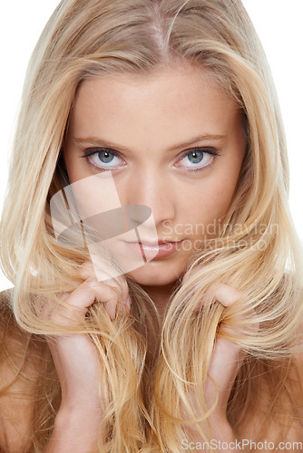 Image of Woman, portrait and beauty with hair care in studio for cosmetics, keratin treatment and shampoo shine. Model, person and confidence with skincare, collagen texture and hairstyle on white background