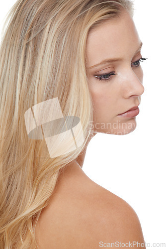 Image of Woman, skincare and beauty with makeup in studio for glowing face, wellness and dermatology or thinking. Model, person or confidence with self care, collagen or keratin treatment on white background