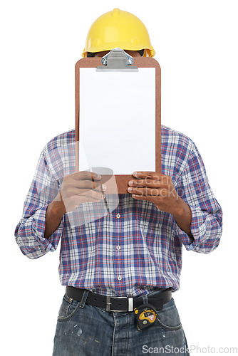 Image of Clipboard, construction and man on a white background for inspection, maintenance and building report. Engineering, architecture and isolated worker with paperwork, documents and survey in studio