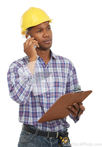 Image of Phone call, construction and man with clipboard on a white background studio for contact, planning or talking. Engineering, architecture and worker on cellphone for building, inspection or discussion