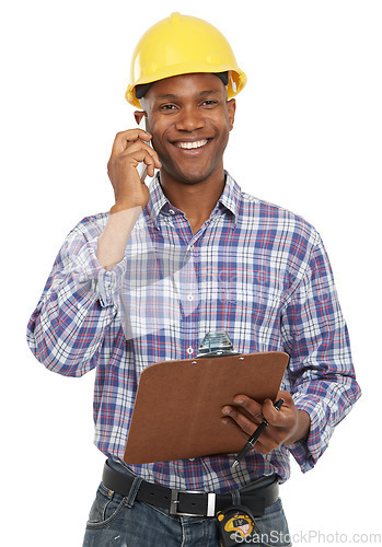 Image of Phone call, construction and portrait of black man on a white background studio for contact, planning or talking. Engineering, clipboard and worker on cellphone for building, inspection or discussion